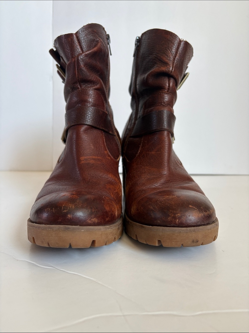 Korks burgundy brown ankle slouch leather moto boot gold hardware zip close - Picture 3 of 16